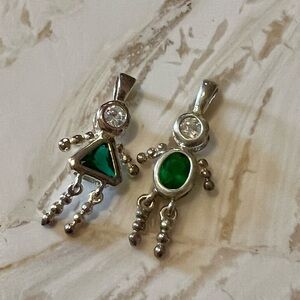 Sterling Silver and Green Gemstone Girl and Boy figure Pendant Set